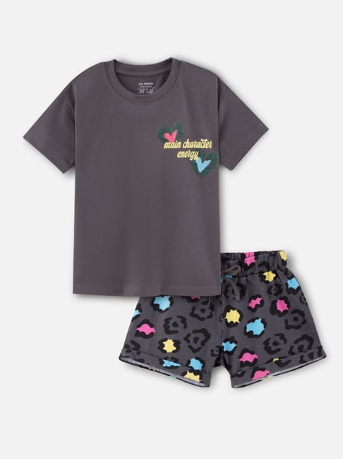 Nap Chief Girls Dark Grey Cotton Relaxed Fit Printed Night Suit