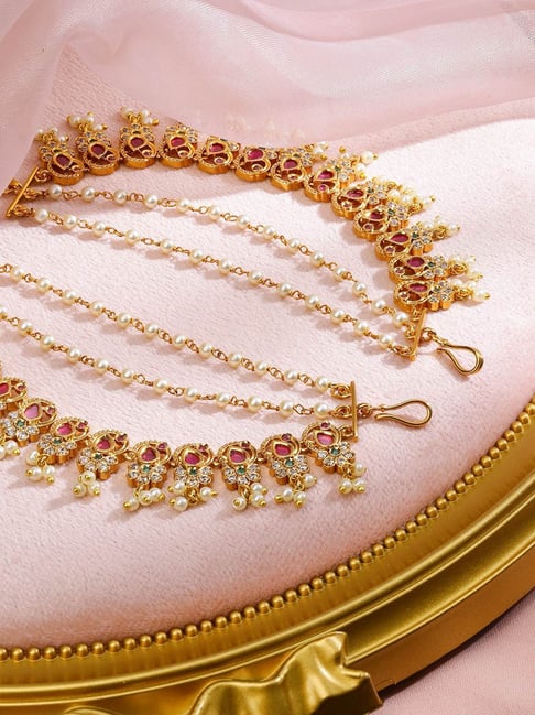 Rubans Gold-Tone Plated Pink & Green Ear Chains for Women-picture-26