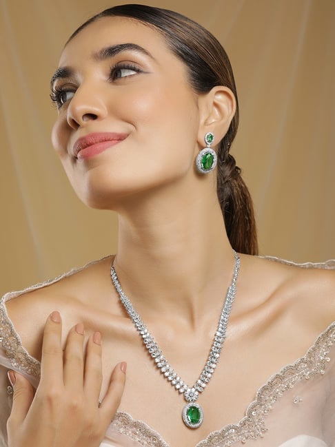 Rubans Rhodium Plated Green Set for Women-picture-10