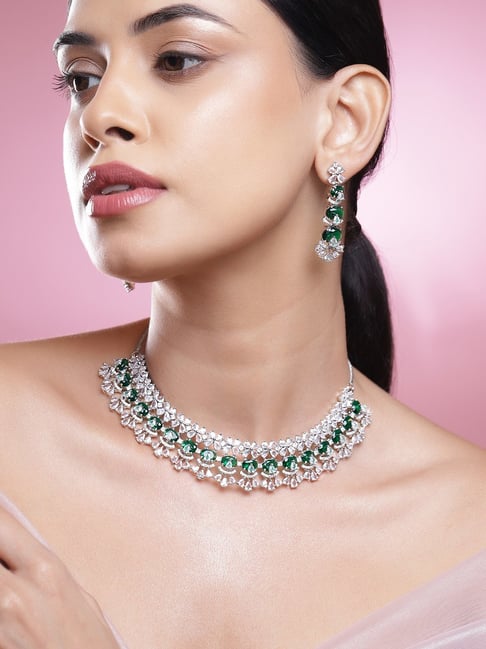 Rubans Rhodium Plated Green Set for Women-picture-31