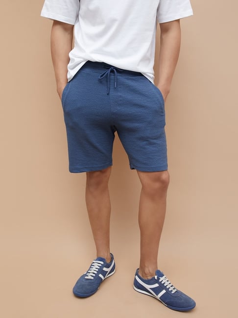 Fame Forever By Lifestyle Dark Blue Cotton Regular Fit Texture Shorts-picture-22