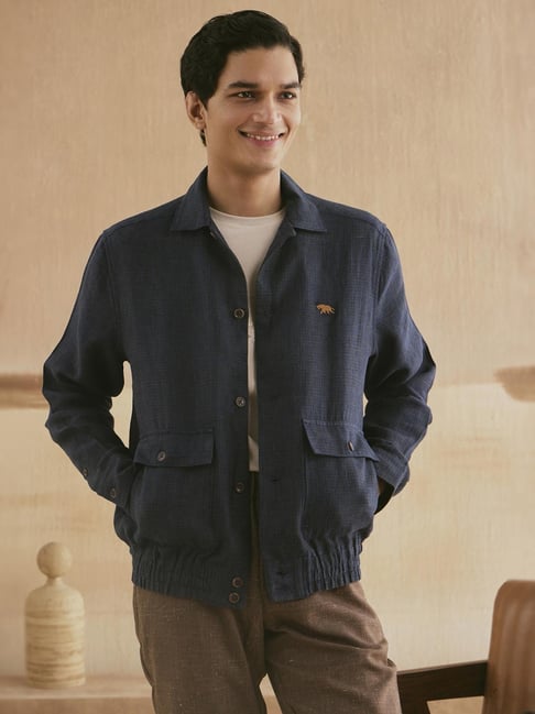 Andamen Navy Blue Linen Checked Bomber Jacket-picture-19