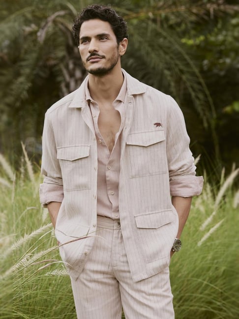 Andamen Khaki Linen Striped Jacket-picture-35