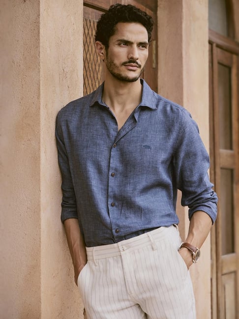 Andamen Navy Blue Linen Slim Fit Checked Shirt-picture-13