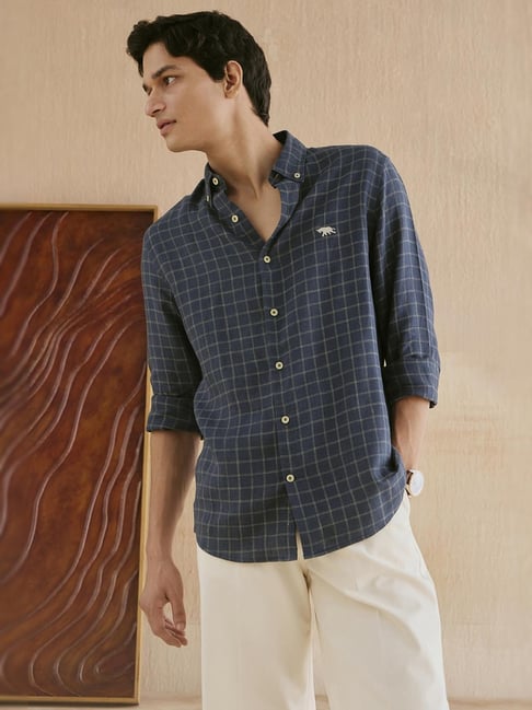 Andamen Navy Blue Linen Regular Fit Checked Shirt-picture-18