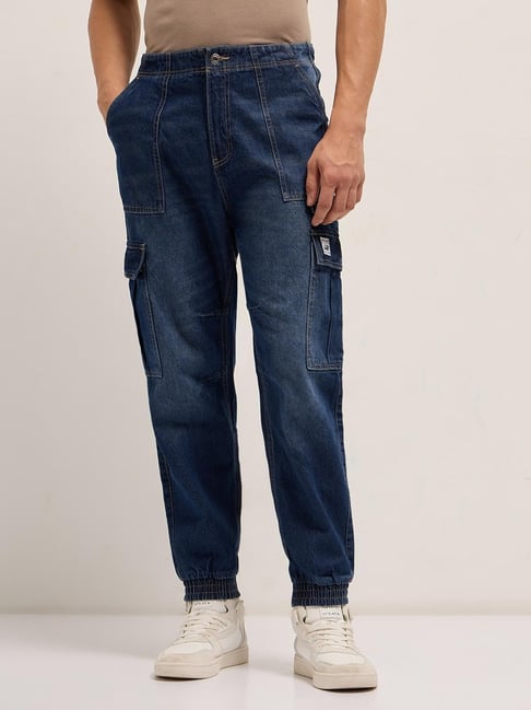 The Bear House Blue Cotton Relaxed Fit Solid Jeans