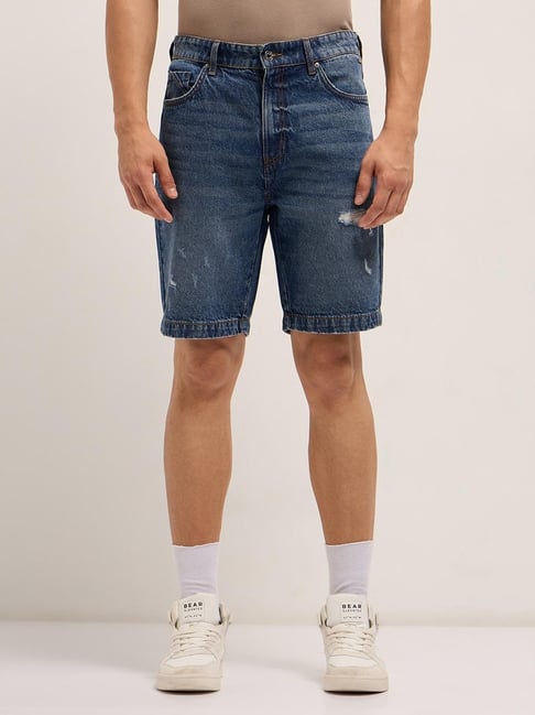 The Bear House Blue Cotton Relaxed Fit Solid Shorts