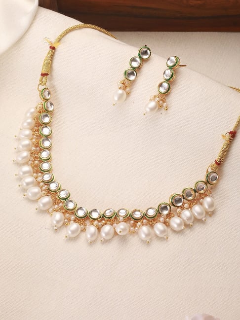 Aatmana Gold Minimal Circular Kundan Studded & Beaded Necklace & Earring Set-picture-29
