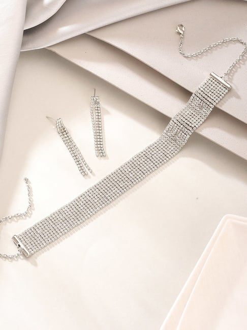 Aatmana Silver Minimal Crystal AD & Zirconia Studded Multistrand Statement Necklace & Earring Set-picture-18