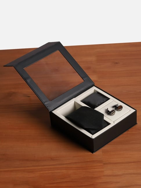 Peter England Black Embroidered Tie Pocket Square & Cufflink Gift Set