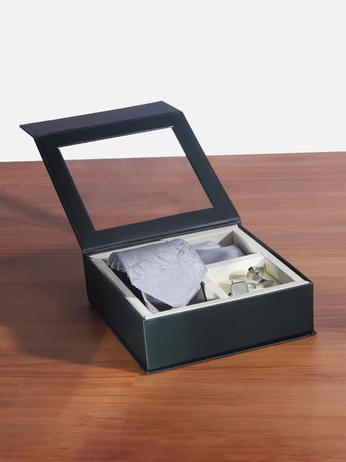 Peter England Grey Embroidered Tie Pocket Square & Cufflink Gift Set