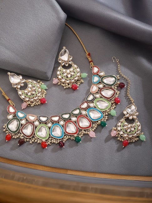 Aatmana Multicolor Minimal Stone Studded Necklace, Maangtikka & Earrings Set-picture-25