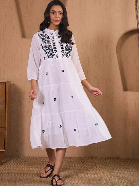 House of Chikankari White Embroidered Flared Fit Midi Long Dress