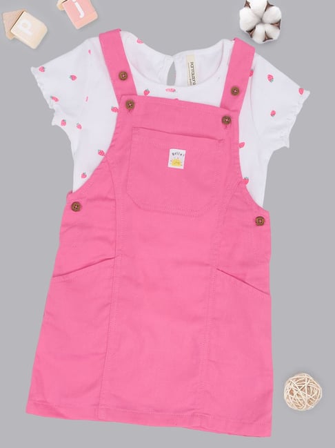 Pantaloons Baby Girls Sachet Pink Cotton Printed Dungaree Set