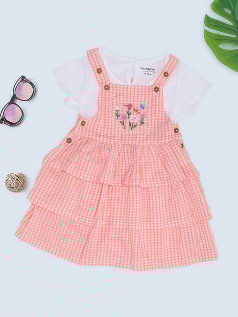 Pantaloons Baby Girls Snow White & Pink Cotton Checks Dungaree Set