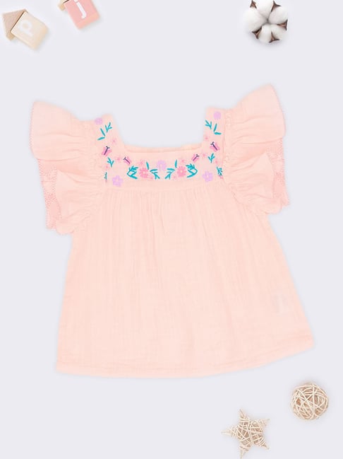 Pantaloons Baby Girls Barely Pink Cotton Embroidery Top