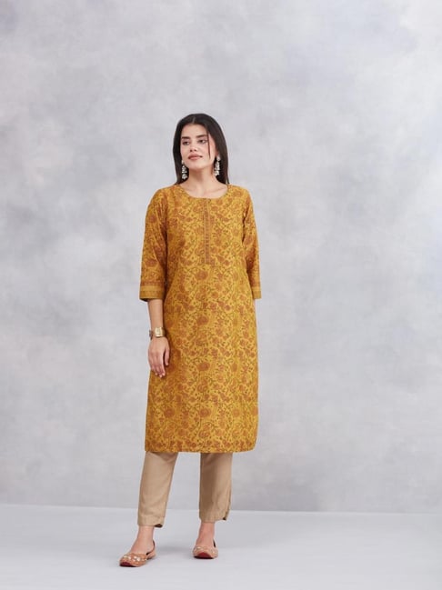 Fabindia Mustard Printed Kurta-picture-46