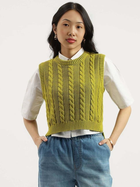 United Colors Of Benetton Green Cotton Regular Fit Textured Sweater