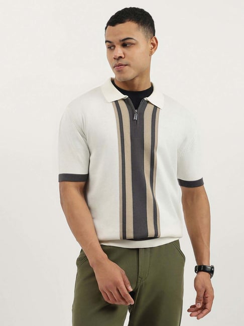 United Colors Of Benetton White Cotton Regular Fit Striped Polo T-Shirt