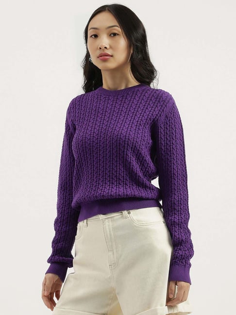 United Colors Of Benetton Purple Cotton Regular Fit Textured Sweater