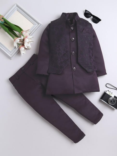 Fourfolds Boys Wine Floral Print Indowestern Set-picture-18