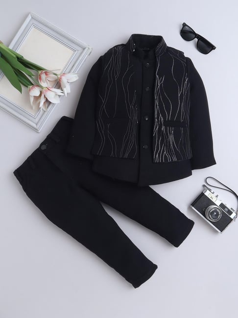 Fourfolds Boys Black Embellished Indowestern Set