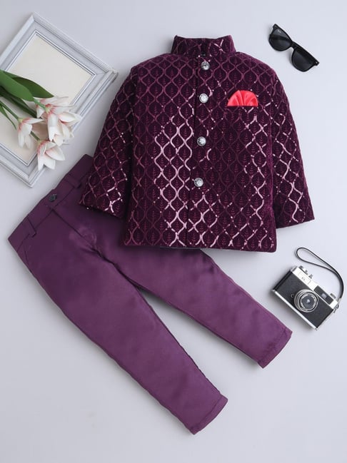Fourfolds Boys Wine Embellished Suit Sets-picture-39