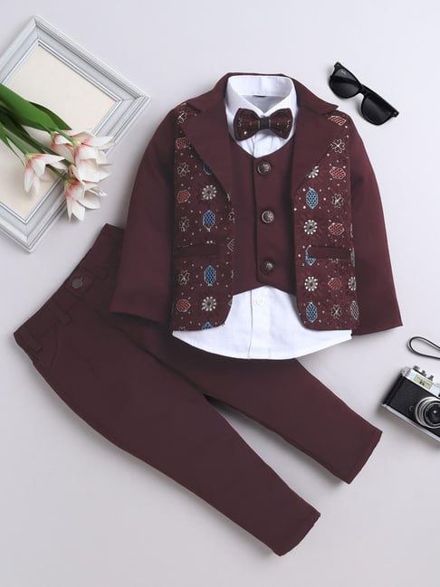 Fourfolds Boys Wine Embroidered Suit Sets
