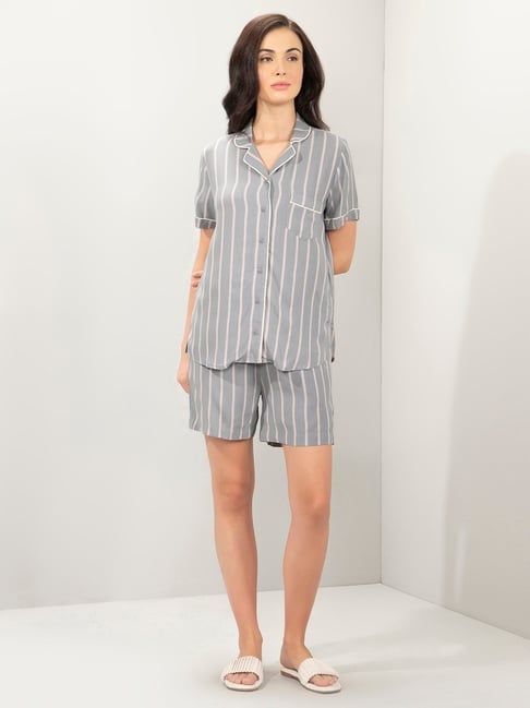 Amante Grey Relaxed Fit Striped Shirt And Shorts-image-21