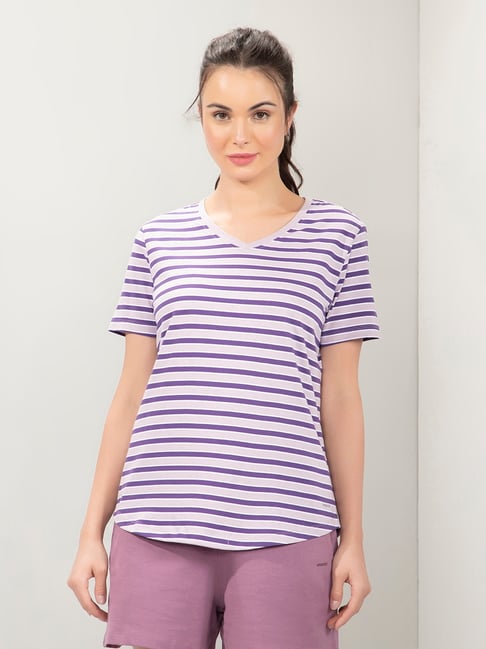 Amante Purple Relaxed Fit Striped T-Shirt
