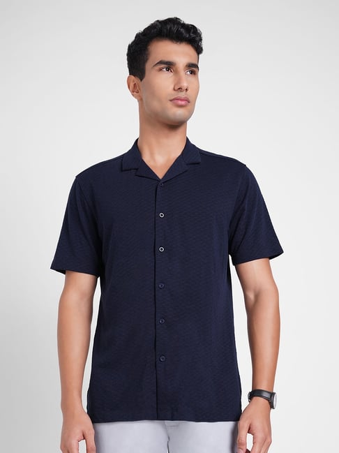 Peregrine By Pantaloons Navy Cotton Slim Fit Texture Shirt-picture-36