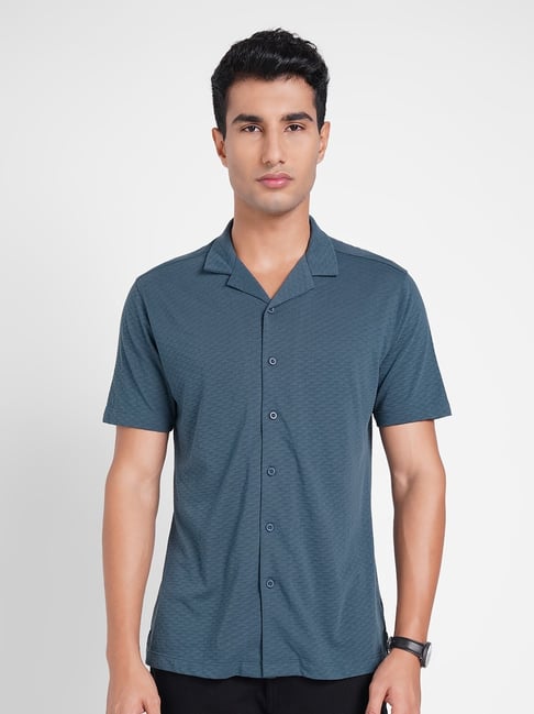 Peregrine By Pantaloons Blue Cotton Slim Fit Texture Shirt-picture-43