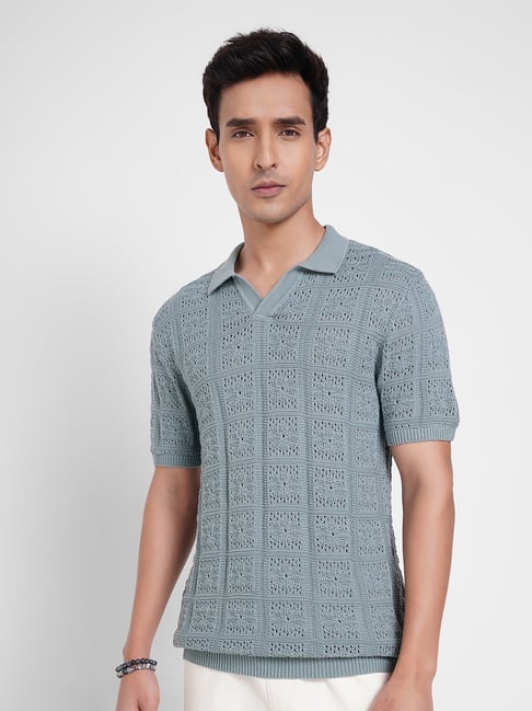 7 Alt By Pantaloons Blue Cotton Regular Fit Texture T-Shirt-picture-32