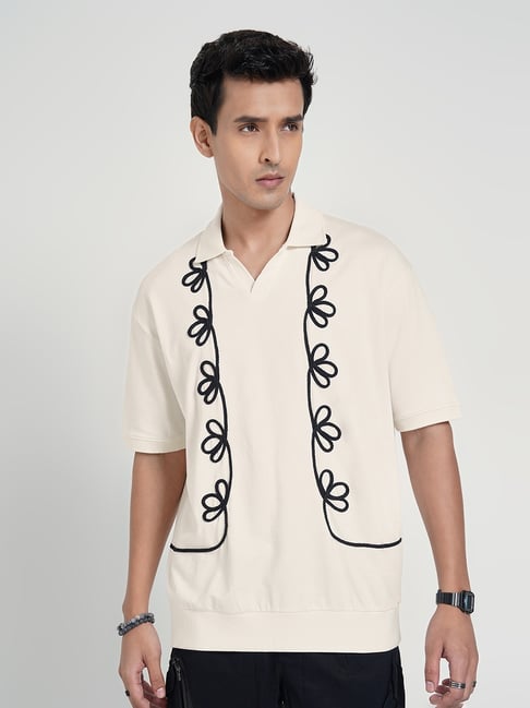 People By Pantaloons White Cotton Boxy Fit Embroidered Polo T-Shirt-picture-23