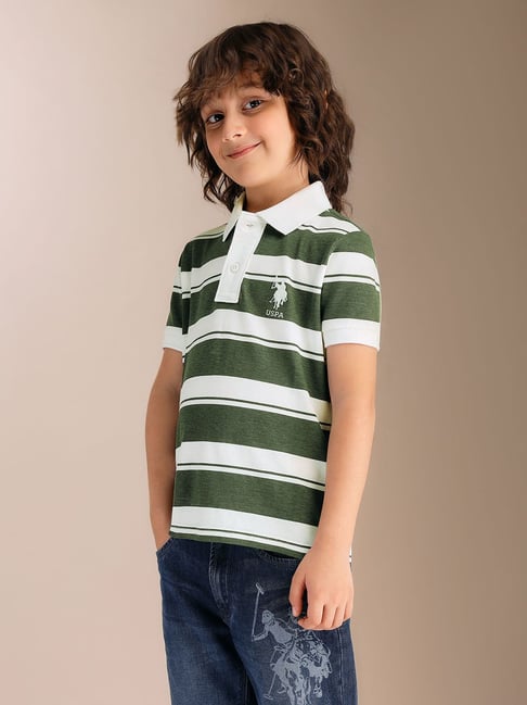 U.S. Polo Assn. Boys Green & White Cotton Striped Polo T-Shirt-picture-42