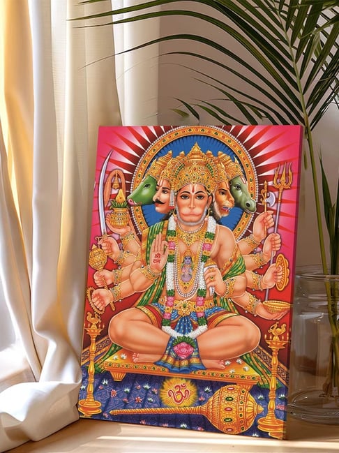 Art Street Pink Canvas Spiritual Lord Panchmukhi Hanuman Stretched Pooja Room Temple Wall Art-picture-45