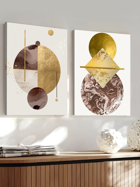 Art Street Golden Canvas Golden Brown Abstract Theme Stretched Painting for Home Decor Wall Art - Set of 2-picture-37