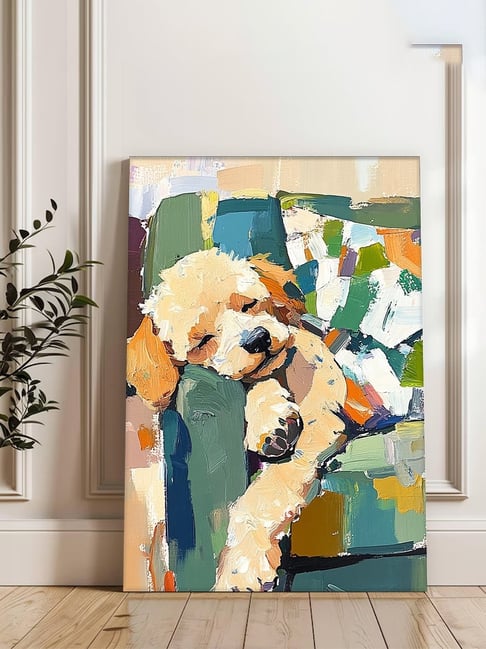 Art Street Green Canvas Abstact Sleeping Cute Puppy Stretched Wall Art-picture-25