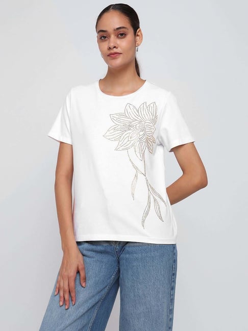 Cover Story White Cotton Regular Fit Floral Print T-Shirt-picture-28