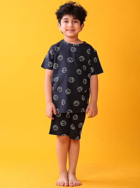 Anthrilo Boys Black Cotton Regular Fit Printed Night Suit