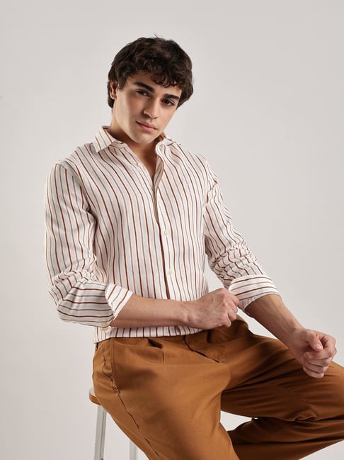 Calvin Klein Jeans Beige Stripes Slim Fit Shirt