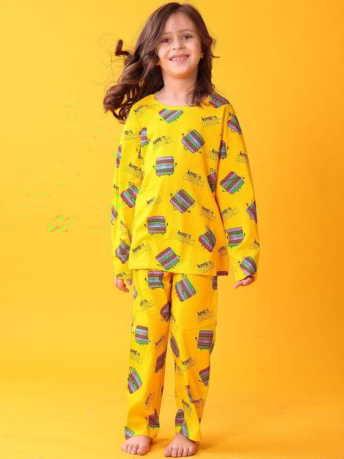 Anthrilo Girls Yellow Cotton Regular Fit Printed Night Suit