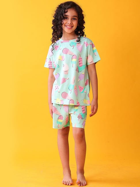 Anthrilo Girls Aqua Cotton Regular Fit Printed Night Suit