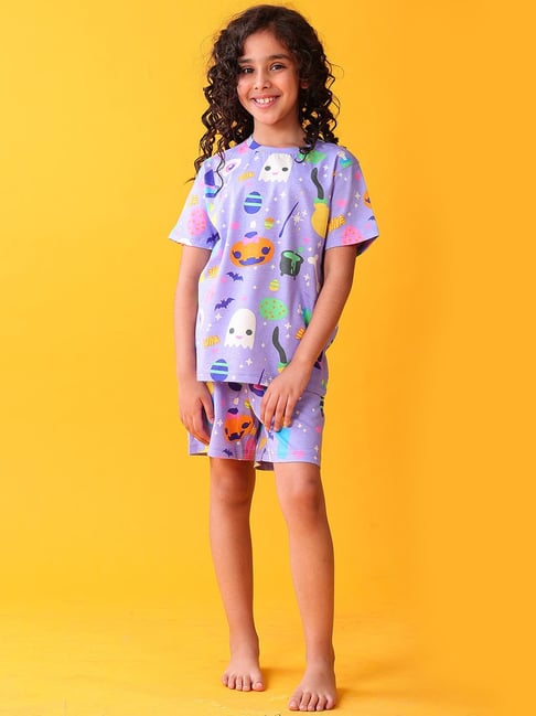 Anthrilo Girls Purple Cotton Regular Fit Printed Night Suit