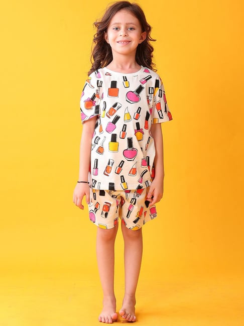 Anthrilo Girls White Cotton Regular Fit Printed Night Suit