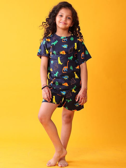 Anthrilo Girls Navy Cotton Regular Fit Printed Night Suit