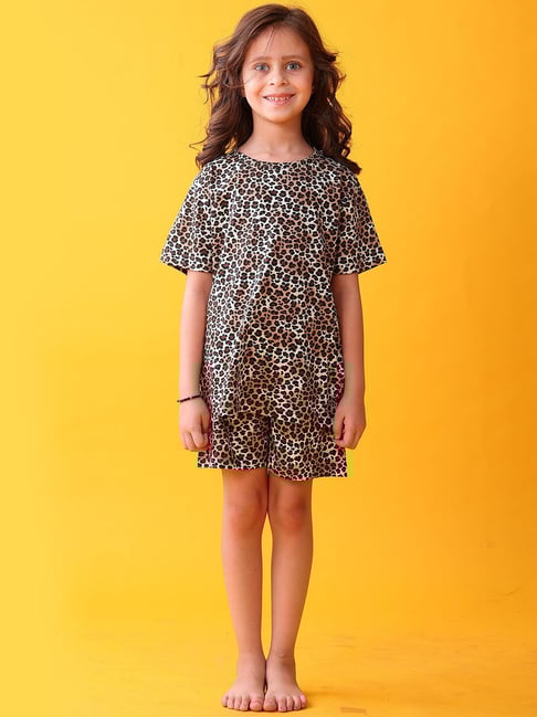 Anthrilo Girls Black Cotton Regular Fit Printed Night Suit