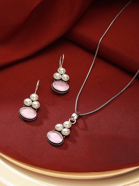 Saraf RS Jewellery Pink Statement Stone & Pearl Beaded Minimal Pendant & Earring Set-picture-37