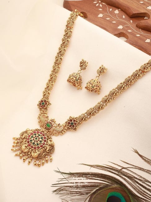 Saraf RS Jewellery Gold Statement Kempo Floral Peacock Long