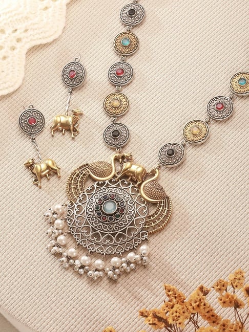 Saraf RS Jewellery Dual Tone Statement Peacock & Bull Motif Tribal Pendant Necklace & Earring Set-picture-22